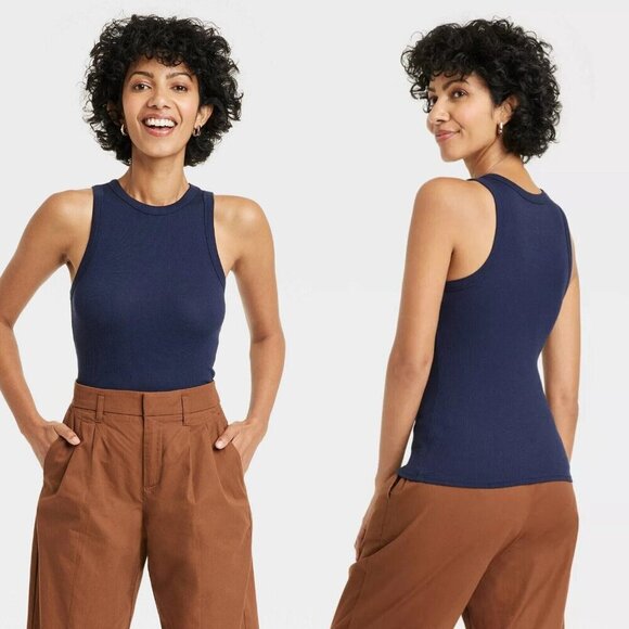 a new day Tops - Large - Womens Slim Fit Ribbed High Neck Tank Top - A New Day - Navy Blue